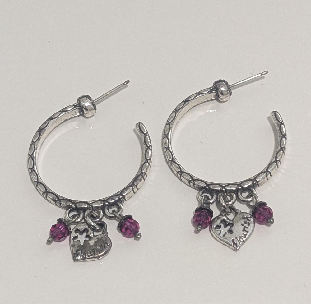 Brighton FLOURISH elegant silver hoop earrings with pink crystals and charms